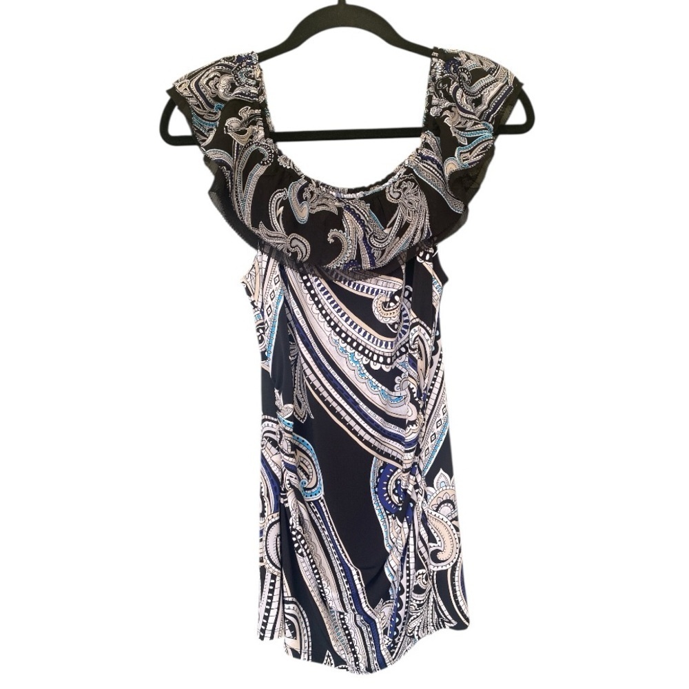 White House Black Market Black and Blue Paisley Ruffle Short Sleeveless Top